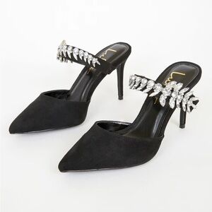 Lulus Black Tito Black Suede Rhinestone Pointed-Toe Mules